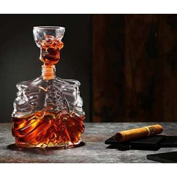 Godinger Whiskey Decanter and Shot Glass, Skull Skeleton Decanter, Halloween Decor, Skeleton Decorat...