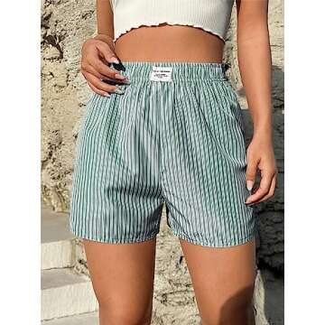 SOLY HUX Women's Y2K Striped Boxer Shorts Elastic High Waisted Straight Leg Workout Gym Shorts Green Letter L