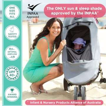 SnoozeShade Plus Deluxe (6-9m to 3 Years) Universal Stroller Sun Shade for Travel Strollers, Umbrella Strollers & Jogging Strollers; Baby and Toddler Travel Essential; Safely Blocks Up to 97.5% of UV