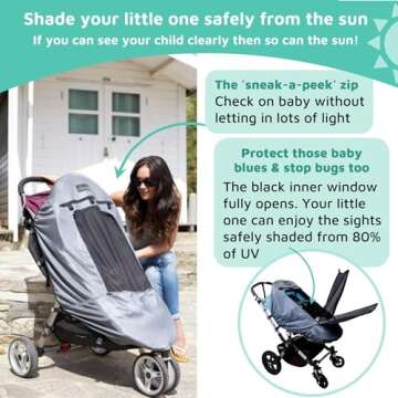 SnoozeShade Plus Deluxe (6-9m to 3 Years) Universal Stroller Sun Shade for Travel Strollers, Umbrella Strollers & Jogging Strollers; Baby and Toddler Travel Essential; Safely Blocks Up to 97.5% of UV