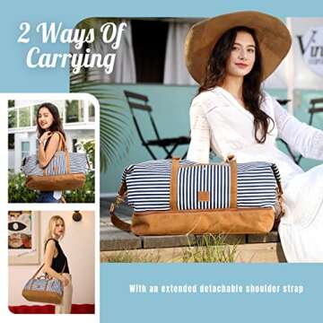 Gonex Canvas Duffel Weekender Bag with Shoe Compartment 42L Overnight Travel Tote Bag(Blue Stripe)