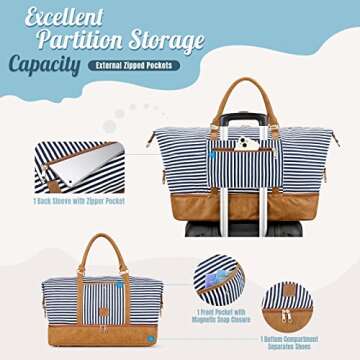 Gonex Canvas Duffel Weekender Bag with Shoe Compartment 42L Overnight Travel Tote Bag(Blue Stripe)