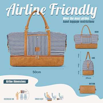 Gonex Canvas Duffel Weekender Bag with Shoe Compartment 42L Overnight Travel Tote Bag(Blue Stripe)