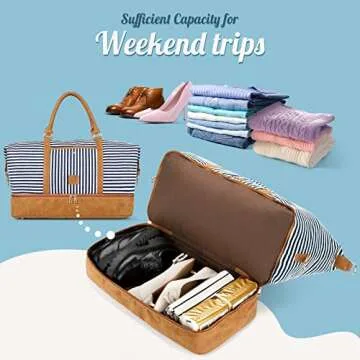 Gonex Canvas Duffel Weekender Bag with Shoe Compartment 42L Overnight Travel Tote Bag(Blue Stripe)