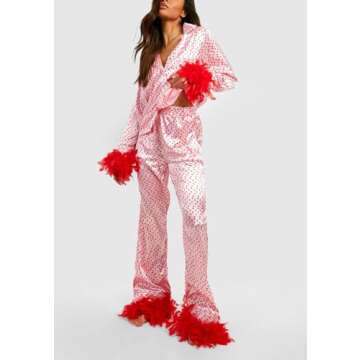 NUFIWI Women Heart Print Pajamas Long Sleeve Feather Trim Pj Set Button Down Shirt Pajama Pants Matc...