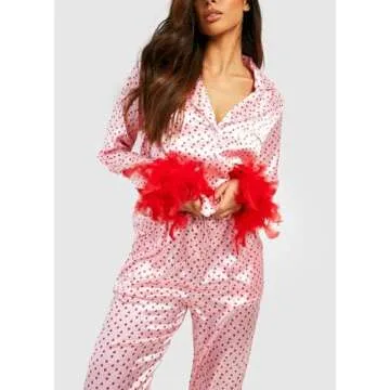 NUFIWI Women Heart Print Feather Trim Pajama Set