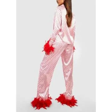 NUFIWI Women Heart Print Feather Trim Pajama Set