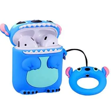 Mulafnxal Compatible with Airpods 1&2 Case,Cute Cartoon Character Silicone Air pod Funny Cover,Kawaii Fun Cool Keychain Design Skin,Fashion Cases for Girls Kids Teens Boys Airpods(3D Blue Stitch)