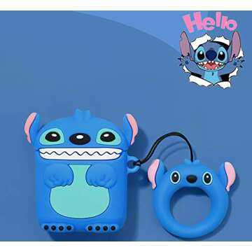 Mulafnxal Compatible with Airpods 1&2 Case,Cute Cartoon Character Silicone Air pod Funny Cover,Kawaii Fun Cool Keychain Design Skin,Fashion Cases for Girls Kids Teens Boys Airpods(3D Blue Stitch)