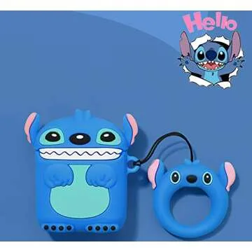 Mulafnxal Compatible with Airpods 1&2 Case,Cute Cartoon Character Silicone Air pod Funny Cover,Kawaii Fun Cool Keychain Design Skin,Fashion Cases for Girls Kids Teens Boys Airpods(3D Blue Stitch)