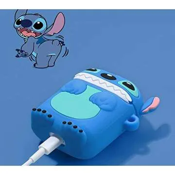 Mulafnxal Compatible with Airpods 1&2 Case,Cute Cartoon Character Silicone Air pod Funny Cover,Kawaii Fun Cool Keychain Design Skin,Fashion Cases for Girls Kids Teens Boys Airpods(3D Blue Stitch)