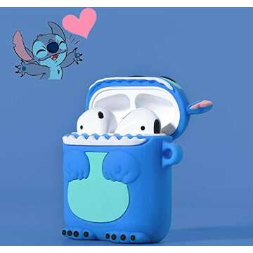 Mulafnxal Compatible with Airpods 1&2 Case,Cute Cartoon Character Silicone Air pod Funny Cover,Kawaii Fun Cool Keychain Design Skin,Fashion Cases for Girls Kids Teens Boys Airpods(3D Blue Stitch)