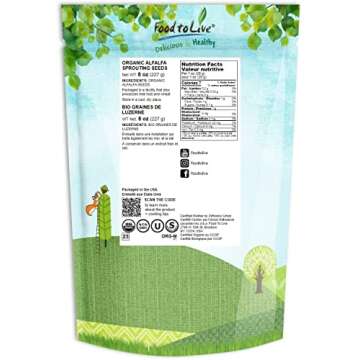 Food to Live - Organic Alfalfa Seeds for Sprouting, 8 Ounces Non-GMO, Edible Seeds, Pure, Vegan, Kos...