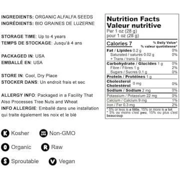 Food to Live - Organic Alfalfa Seeds for Sprouting, 8 Ounces Non-GMO, Edible Seeds, Pure, Vegan, Kosher, Bulk. Rich in Vitamin K, Vitamin C.