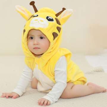 Unisex Baby Animals Hooded Romper for Newborn Christmas Halloween Outfits,Toddler Boy Girl Front Zip Sleeveless Cosplay Costume Giraffe Jumpsuit 18-24months