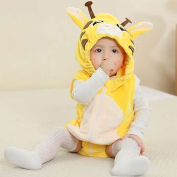 Unisex Baby Animals Hooded Romper for Newborn Christmas Halloween Outfits,Toddler Boy Girl Front Zip Sleeveless Cosplay Costume Giraffe Jumpsuit 18-24months