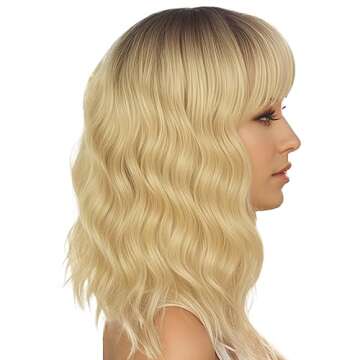 ENTRANCED STYLES Ombre Dark Blonde Wig with Bangs Shoulder Length Women's Wig Short Curly Wavy Synth...