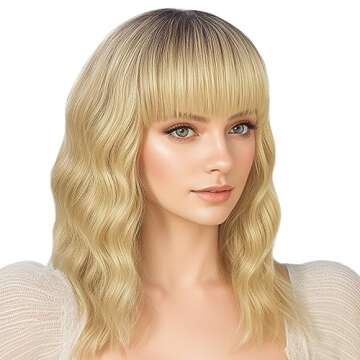 ENTRANCED STYLES Ombre Dark Blonde Wig with Bangs Shoulder Length Women's Wig Short Curly Wavy Synthetic Wigs Halloween Cosplay Party Use Dark Roots Blonde Wig for Girls