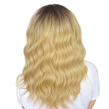 ENTRANCED STYLES Ombre Dark Blonde Wig with Bangs Shoulder Length Women's Wig Short Curly Wavy Synthetic Wigs Halloween Cosplay Party Use Dark Roots Blonde Wig for Girls