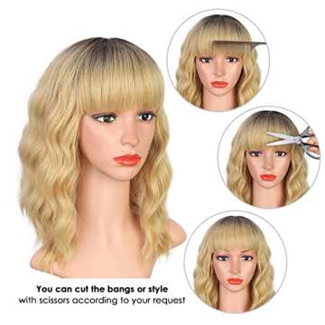 ENTRANCED STYLES Ombre Dark Blonde Wig with Bangs Shoulder Length Women's Wig Short Curly Wavy Synthetic Wigs Halloween Cosplay Party Use Dark Roots Blonde Wig for Girls