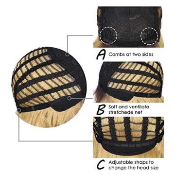 ENTRANCED STYLES Ombre Dark Blonde Wig with Bangs Shoulder Length Women's Wig Short Curly Wavy Synthetic Wigs Halloween Cosplay Party Use Dark Roots Blonde Wig for Girls