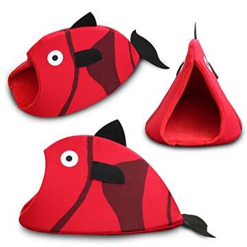 Petgrow Novelty Cat Bed House Decorative Fish Shaped Large Size, Cozy Comfy Pet Bed Cave for Cats Small Dogs,Kitten Puppy Cute Bed Cuddle,Red