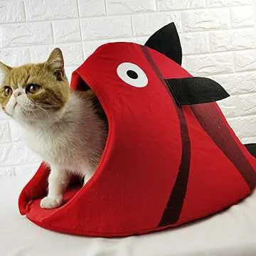 Petgrow Novelty Cat Bed House Decorative Fish Shaped Large Size, Cozy Comfy Pet Bed Cave for Cats Small Dogs,Kitten Puppy Cute Bed Cuddle,Red