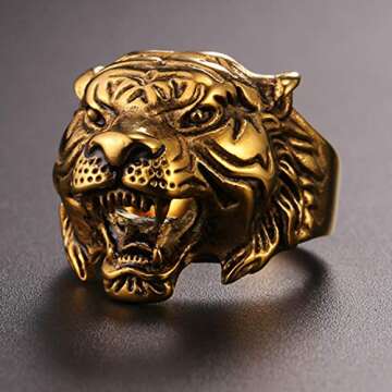 U7 Men's Punk Animal Signet Ring 18K Gold Plated Vintage Enamel Black Retro Tiger Head Ring -Size 7