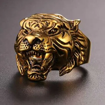 U7 Men's Punk Animal Signet Ring 18K Gold Plated Vintage Enamel Black Retro Tiger Head Ring -Size 7