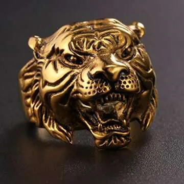 U7 Men's Punk Animal Signet Ring 18K Gold Plated Vintage Enamel Black Retro Tiger Head Ring -Size 7