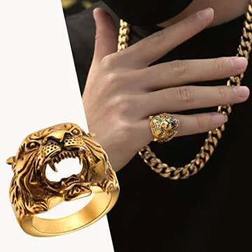 U7 Men's Punk Animal Signet Ring 18K Gold Plated Vintage Enamel Black Retro Tiger Head Ring -Size 7