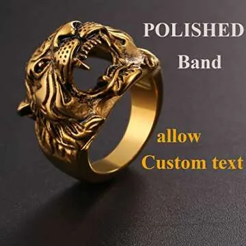 U7 Men's Punk Animal Signet Ring 18K Gold Plated Vintage Enamel Black Retro Tiger Head Ring -Size 7