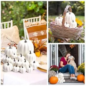 DomeStar 16PCS Artificial White Pumpkins, Assorted Sizes Fake Faux Rustic Harvest Farmhouse Pumpkins for Halloween Thanksgiving Fall Autumn Season Decorations
