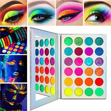DE'LANCI Neon Eyeshadow Palette Glow in the Dark, Aurora Glow Eyeshadow Pallets Stage, Halloween Christmas Makeup Kit UV Blacklight Matte and Glitter Fluorescent Eye Shadows Highly Pigment