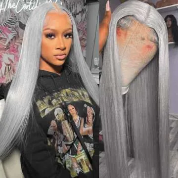QD-Tizer Grey Color Long Hair Wigs for Women Sliver Grey Synthetic Lace Front Wigs Glueless Pre Plucked Natural Hairline Long Straight Wigs for Black Women