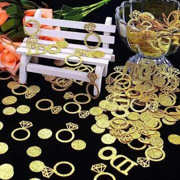 Gold Wedding Table Confetti, Bridal Shower Decorations Bride to Be Confetti Glittering Diamond Ring I Do Engagement Party Table Scatter, 100pcs
