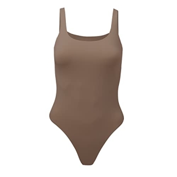 Almere Low Back Contour Tank High Cut Thong Bodysuit in Brown (Large)