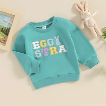 YINGISFITM Toddler Baby Girl Boy Easter Outfit Bunny Shirt Embroidery Long Sleeve Crewneck Sweatshir...