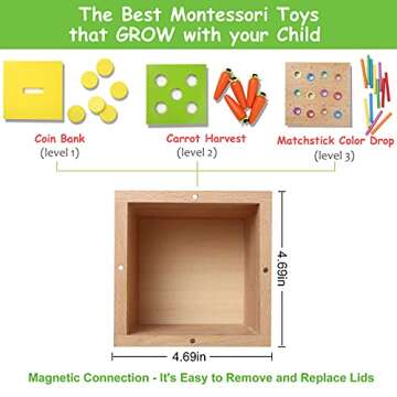 nanayo 4-for-1 Play Kit Includes Object Permanence Box, Montessori Coin Carrot Harvest Game, Matchstick Color Drop Game – Toys for Babies 6-12 Months, 1 Year, 2 Year and 3