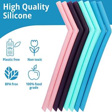 8 Reusable Silicone Smoothie Straws + Cleaning Brush, Flexible, Dishwasher Safe!