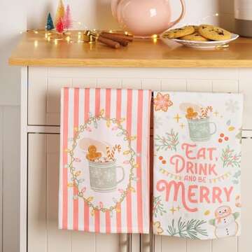 Honeyplum Christmas Kitchen Towel Set of 2 - Pink Gingerbread Christmas Decor - 18 x 26 Cotton Hand Towels, Tea Towels, Dish Towels