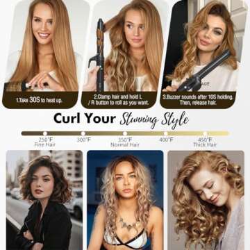 Luxspire Rotating Curling Iron, 1 inch, with Long Titanium Barrel for Short/Long Hair, Instant Heat Ionic Curling Iron, 5 Temps, Professional Self Curling Hair Curler, Black