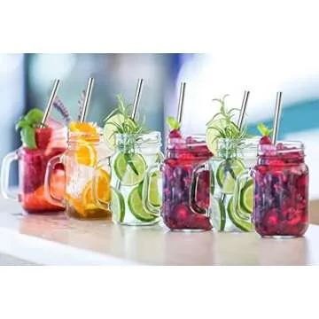 COLOROUND 6 Pack Regular Mouth Mason Jar Mug Cups with Handle 16 oz with Bamboo Lids & Stainless Steel Straws Retro Drinking Glass Reusable Smoothie Juicing Cup with Lids for Juices Shakes (Set of 6)