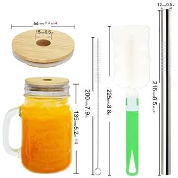 COLOROUND 6 Pack Regular Mouth Mason Jar Mug Cups with Handle 16 oz with Bamboo Lids & Stainless Steel Straws Retro Drinking Glass Reusable Smoothie Juicing Cup with Lids for Juices Shakes (Set of 6)