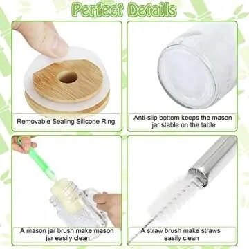 COLOROUND 6 Pack Regular Mouth Mason Jar Mug Cups with Handle 16 oz with Bamboo Lids & Stainless Steel Straws Retro Drinking Glass Reusable Smoothie Juicing Cup with Lids for Juices Shakes (Set of 6)