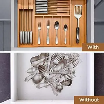 Bambüsi Utensil Organizer for Kitchen Drawers - Bamboo Expandable Silverware Organizer - Utensil Holder and Cutlery Tray with Divider and Removable Knife Block | 17” Long, Adjustable from 13” to 22.2”