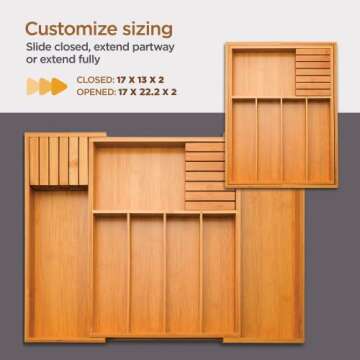 Bambüsi Utensil Organizer for Kitchen Drawers - Bamboo Expandable Silverware Organizer - Utensil Holder and Cutlery Tray with Divider and Removable Knife Block | 17” Long, Adjustable from 13” to 22.2”