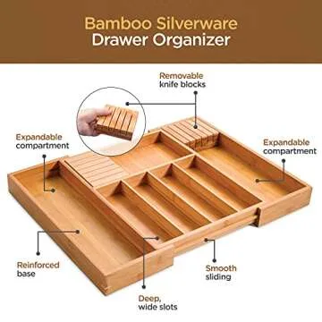 Bambüsi Utensil Organizer for Kitchen Drawers - Bamboo Expandable Silverware Organizer - Utensil Holder and Cutlery Tray with Divider and Removable Knife Block | 17” Long, Adjustable from 13” to 22.2”