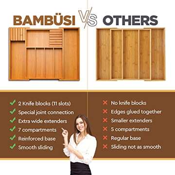 Bambüsi Utensil Organizer for Kitchen Drawers - Bamboo Expandable Silverware Organizer - Utensil Holder and Cutlery Tray with Divider and Removable Knife Block | 17” Long, Adjustable from 13” to 22.2”