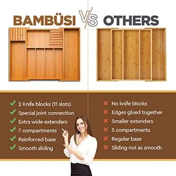 Bambüsi Utensil Organizer for Kitchen Drawers - Bamboo Expandable Silverware Organizer - Utensil Holder and Cutlery Tray with Divider and Removable Knife Block | 17” Long, Adjustable from 13” to 22.2”